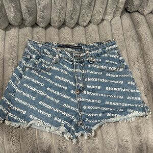 Alexander Wang Blue Logo-Print Denim Cutoff Shorts